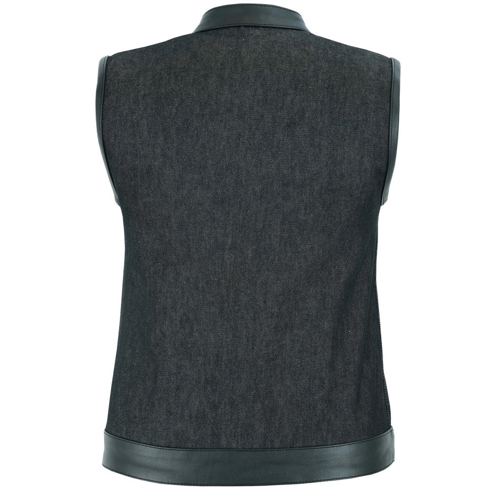 ADA963 Women's Rough Rub-Off Raw Finish Denim Vest W/Leather Trim