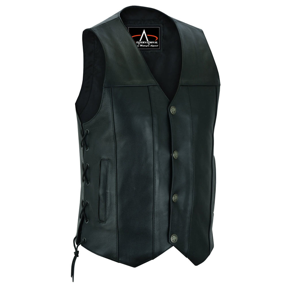 ADA142 Titan Motorcycle Leather Vest - Single Back Panel with Buffalo Nickel Head Snaps and Smart Access Pockets