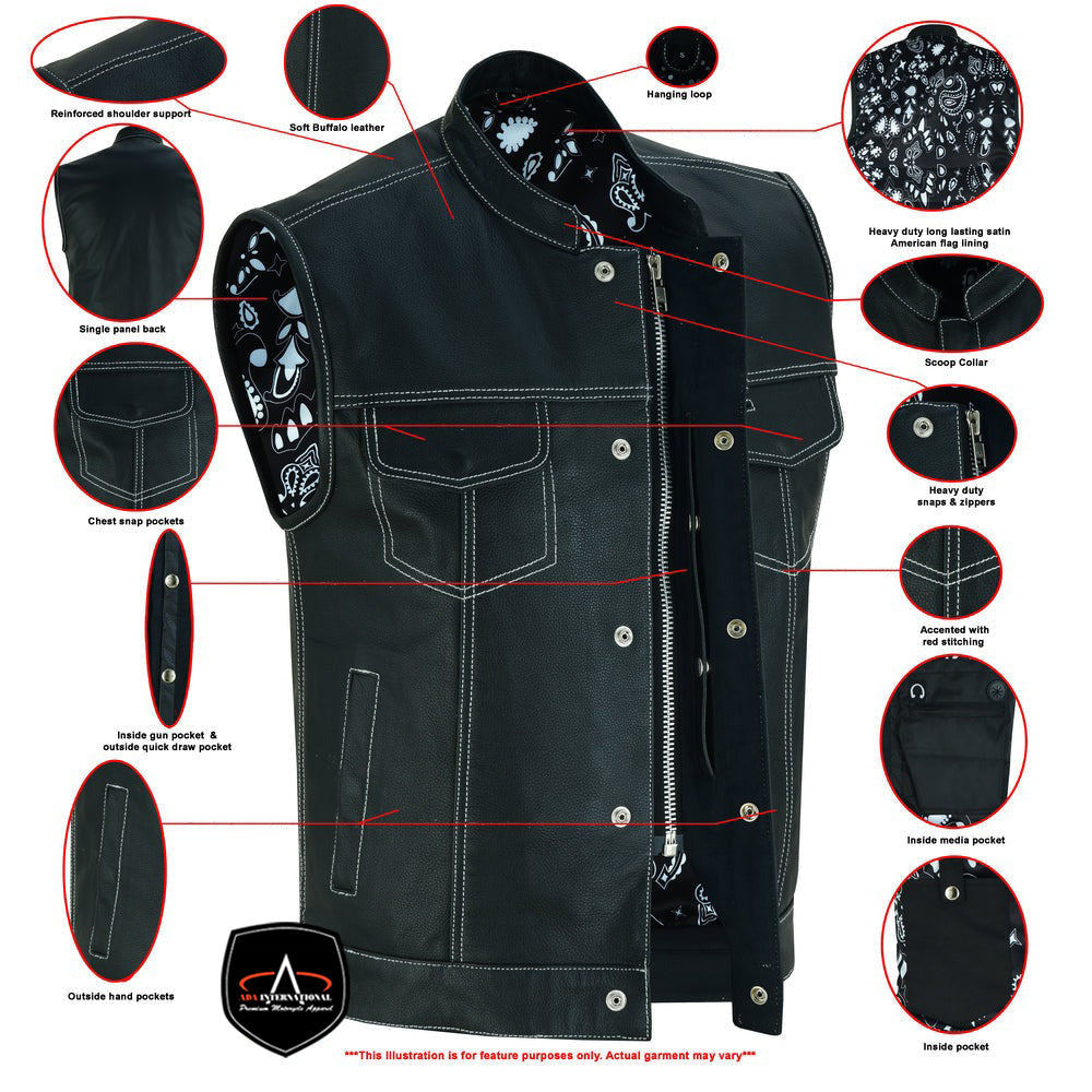 ADA164 Men's Paisley Black Leather Motorcycle Vest