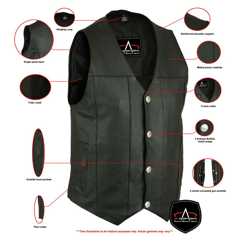 ADA141 Men's Black Leather Concealed Carry Vest with Buffalo Nickel Snaps