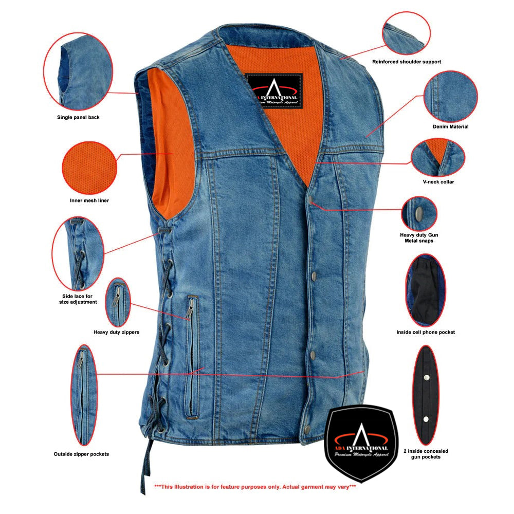 ADA905BU Men's Single Back Panel Concealed Carry Denim Vest
