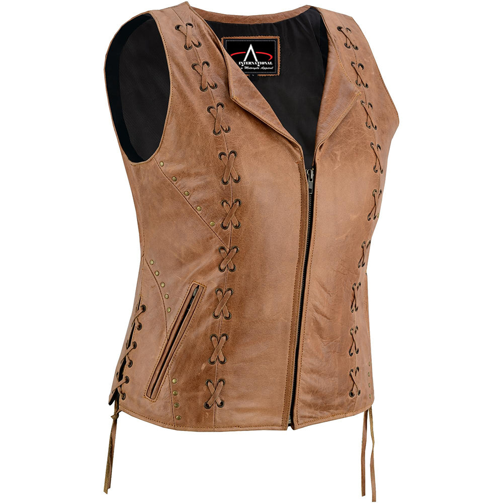 ADA236 Women's Brown Zippered Vest with Lacing Details