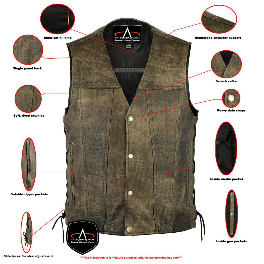 ADA107 Heritage Antique Brown Men's Motorcycle Leather Vest - Single Back Panel