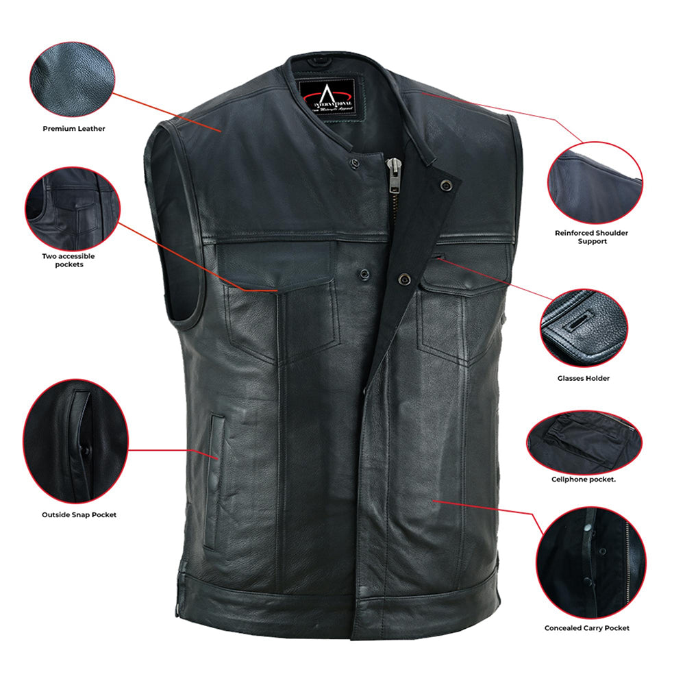 ADA187 Upgraded Style Men's Leather Motorcycle Vest with Smart Access Pockets