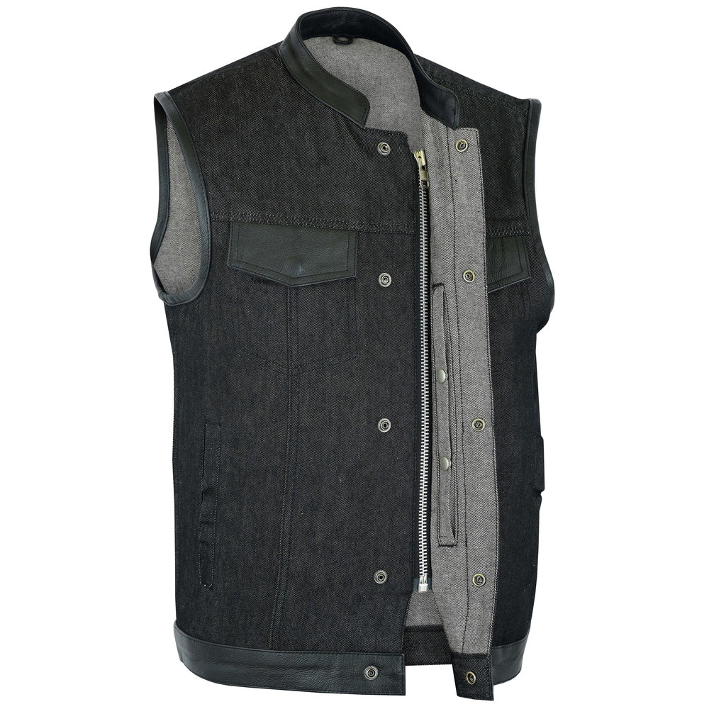 ADA962 Men's Rough Rub-Off Raw Finish Denim Vest W/Leather Trim - Scoop Collar