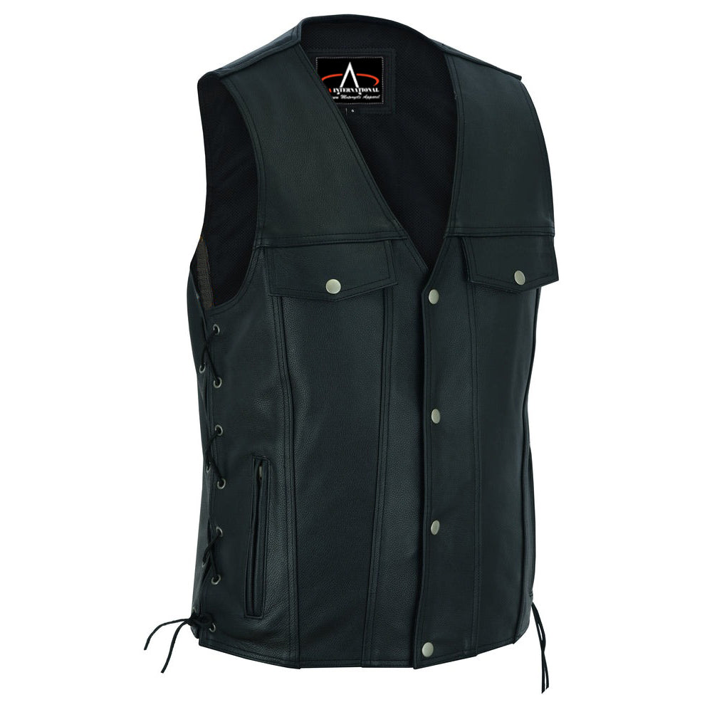 ADA124 Men's Black Leather Vest with Side Laces and Smart Access Pocket