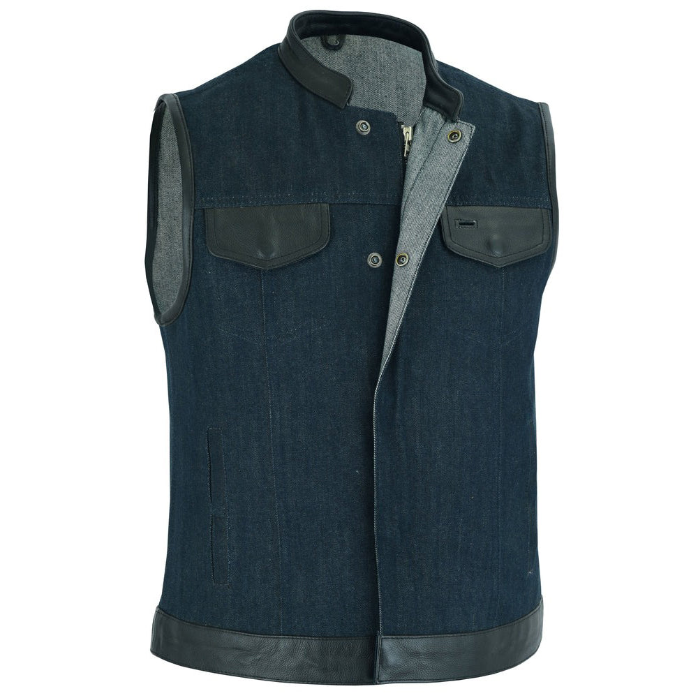 ADA964 Women's Broken Blue Rough Rub-Off Raw Finish Denim Vest W/Leather Trim