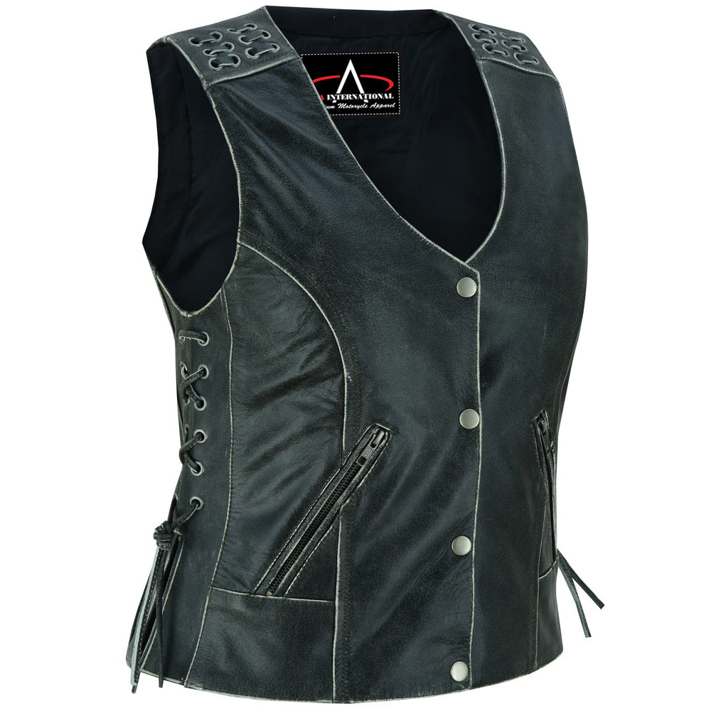 ADA285V Women's Gray Vest with Grommet and Lacing Accents