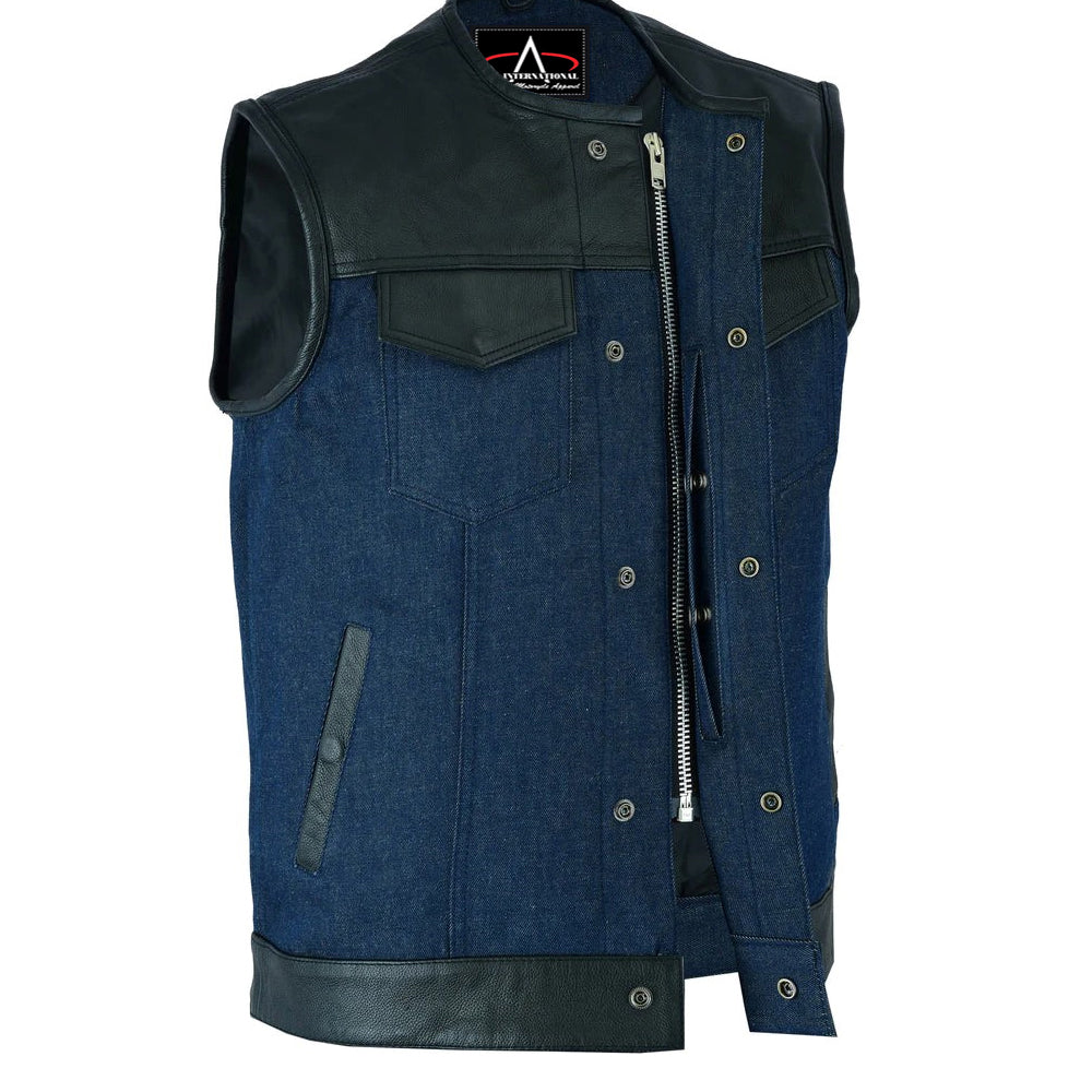 ADA933 Men's Leather/Denim Combo Vest (Black/Broken Blue)