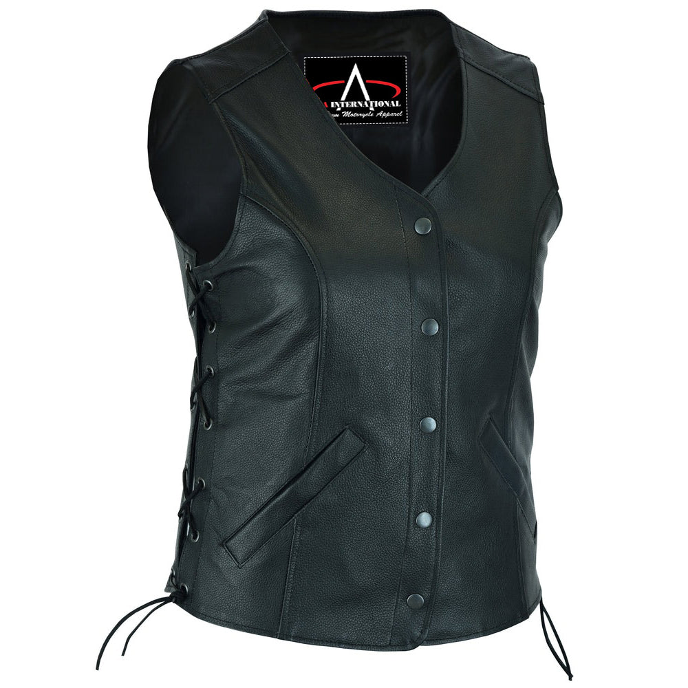 ADA206 Women's Stylish Longer Body 3/4 Leather Vest - Side Laces