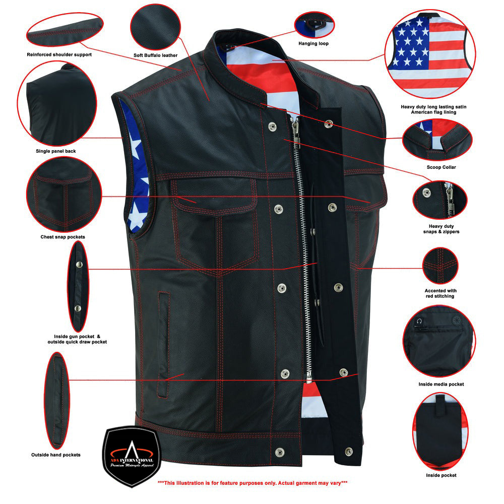 ADA165 Men's LEATHER VEST WITH RED STITCHING AND USA INSIDE FLAG LINING