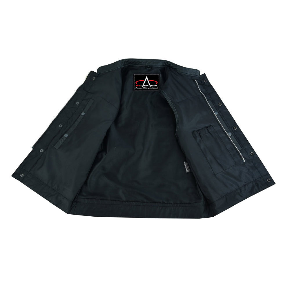 ADA9192 Urban Edge Motorcycle Leather Vest - Snap Closure, Scoop Collar & Hidden Zipper