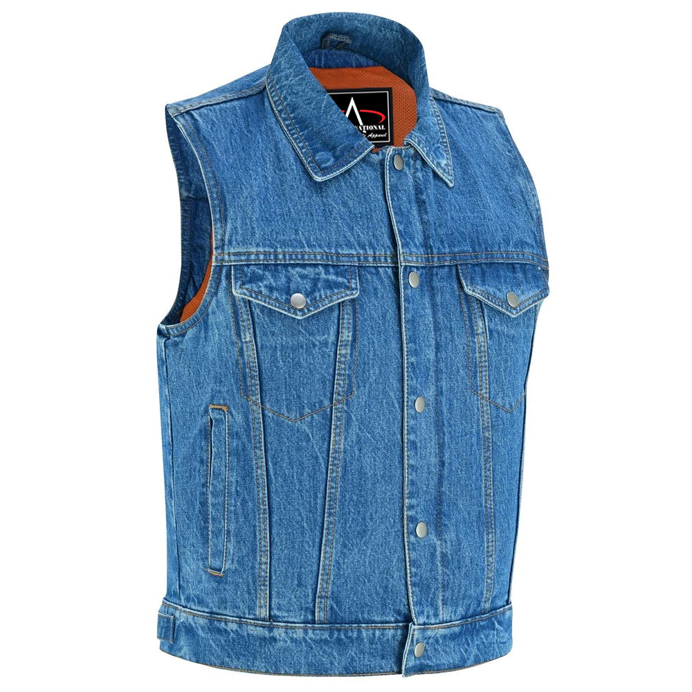 ADA979BU Snap/Zipper Front Denim Vest- Blue