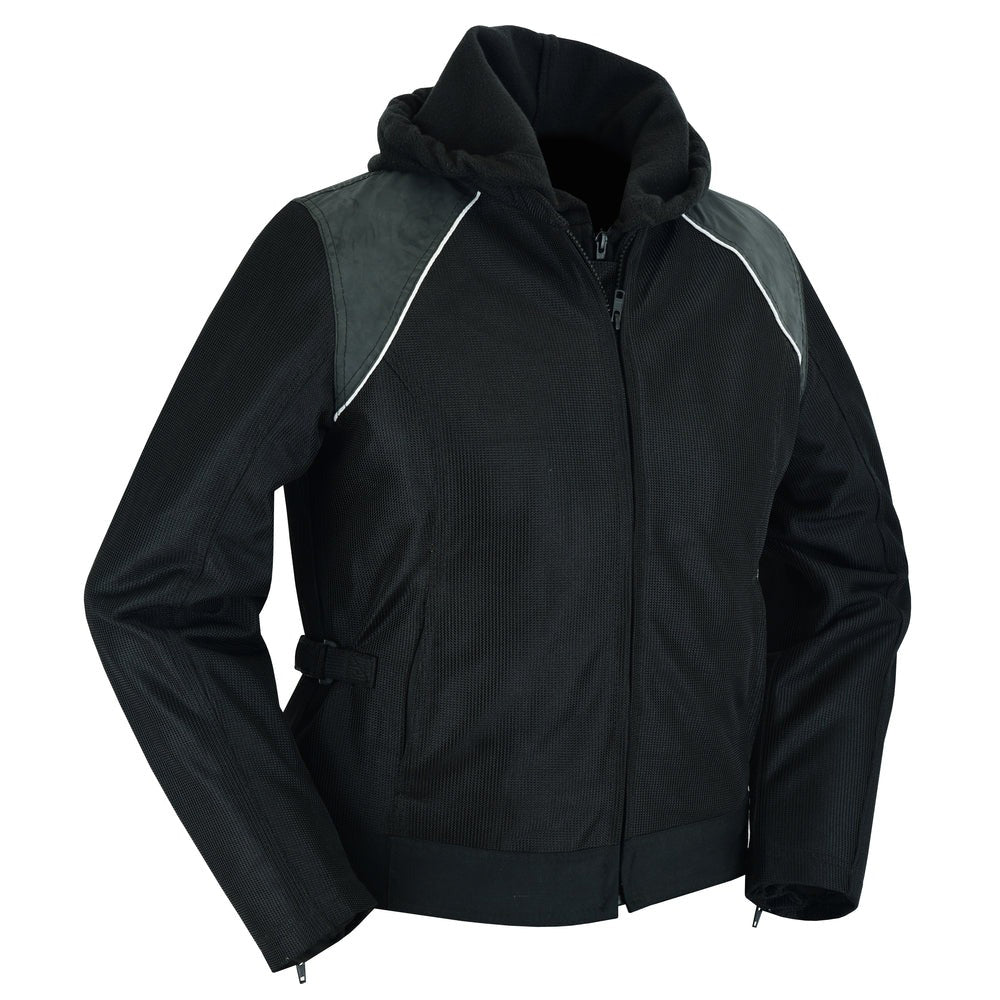 ADA867 Women's Mesh Motorcycle Black/ Black Tone Reflective Jacket 3-in-1 with Hoodie