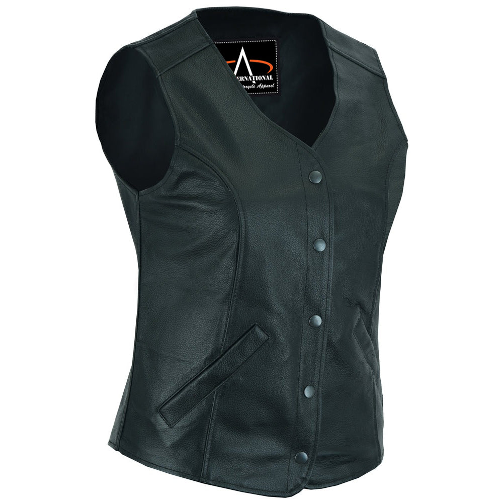 ADA204 Women's Stylish Longer Body 3/4 Leather Vest - Plain Sides