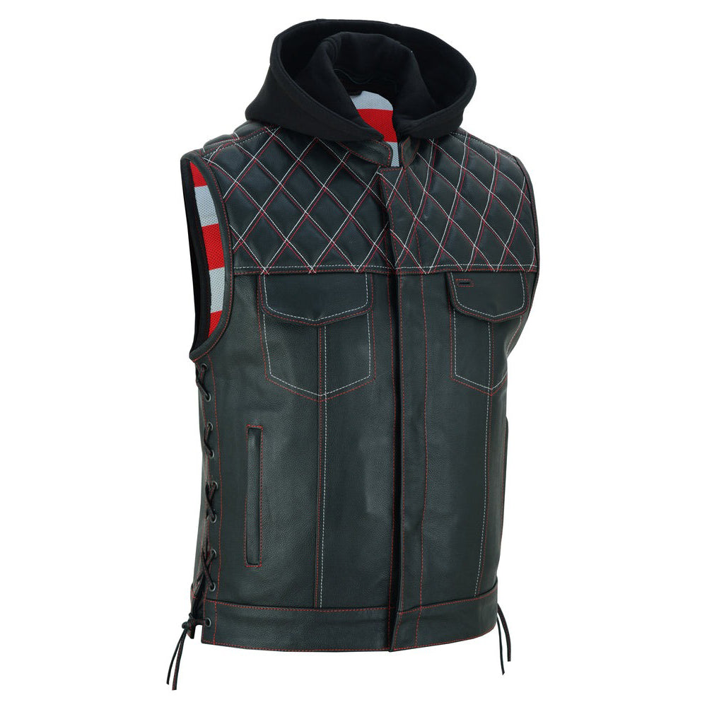ADA194 Road Edge Black Leather Vest with Smart Pockets & Removable Hood