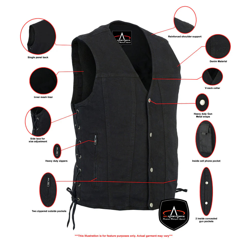 ADA905BK Men's Single Back Panel Concealed Carry Denim Vest