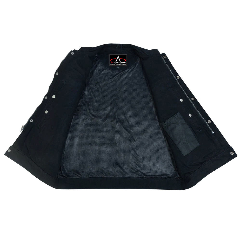 ADA989BK Concealed Snap Closure, Denim Material, Scoop Collar & Hidden