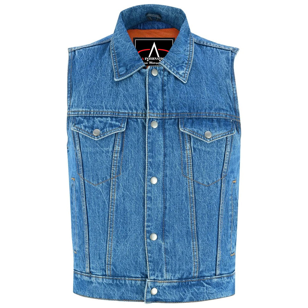 ADA979BU Snap/Zipper Front Denim Vest- Blue