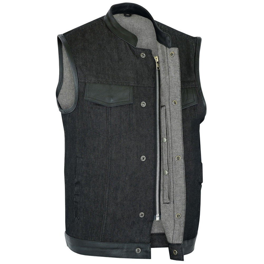 ADA962 Men's Rough Rub-Off Raw Finish Denim Vest W/Leather Trim - Scoop Collar