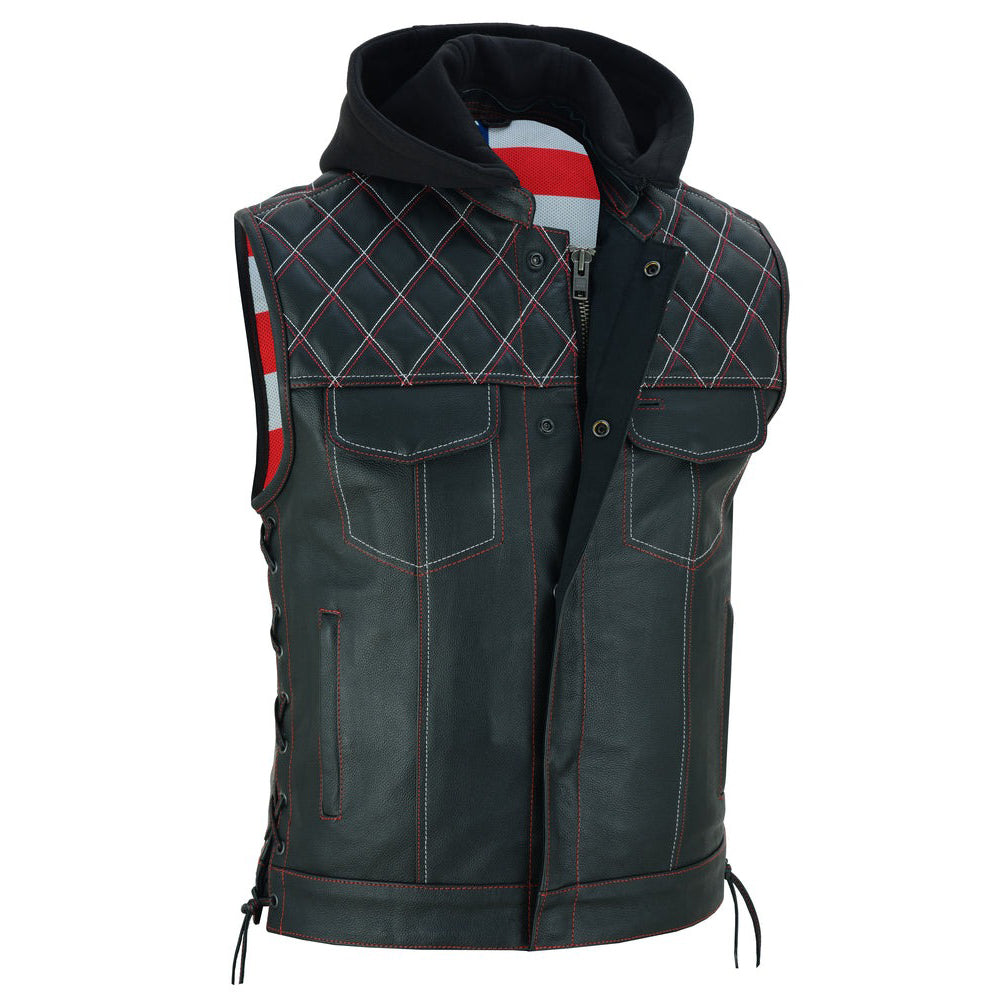 ADA194 Road Edge Black Leather Vest with Smart Pockets & Removable Hood