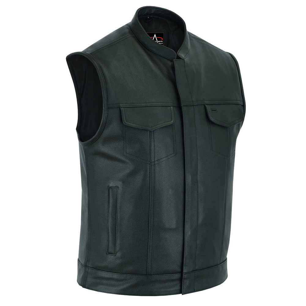 ADA189A Frontier Motorcycle Leather Vest - Snap Closure, Milled Cowhide, Scoop Collar & Hidden Zipper with Smart Access Pockets