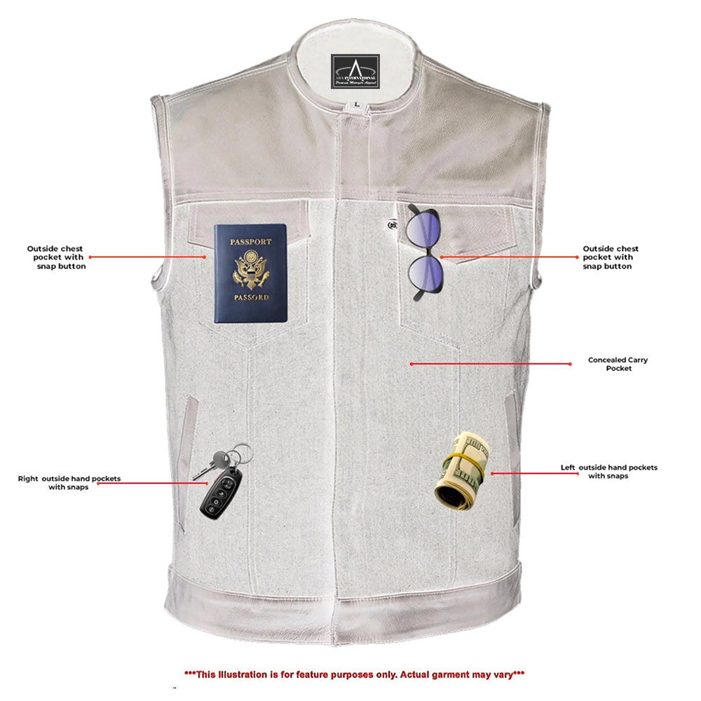 ADA901 Men's Leather/Denim Combo Vest Without Collar