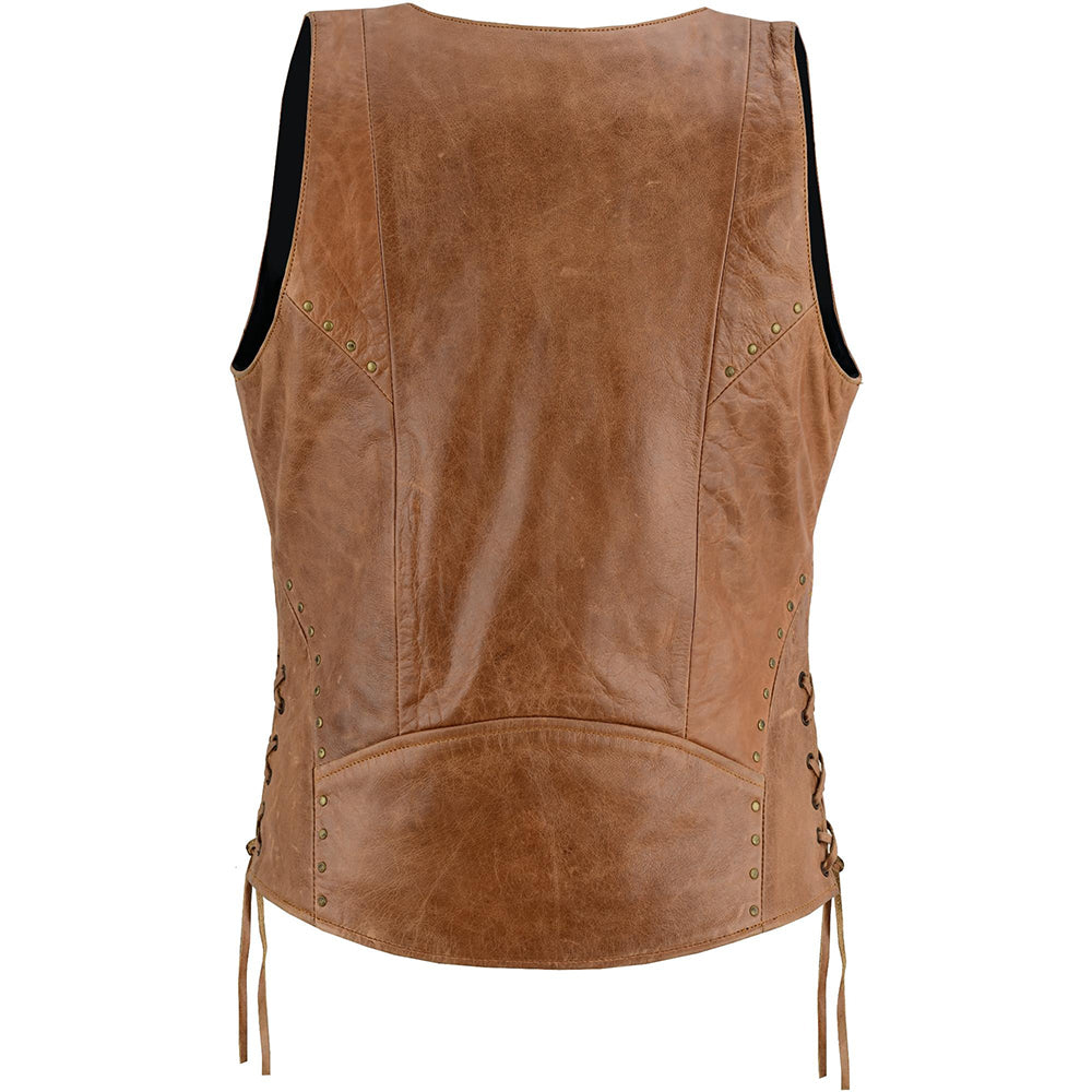 ADA236 Women's Brown Zippered Vest with Lacing Details