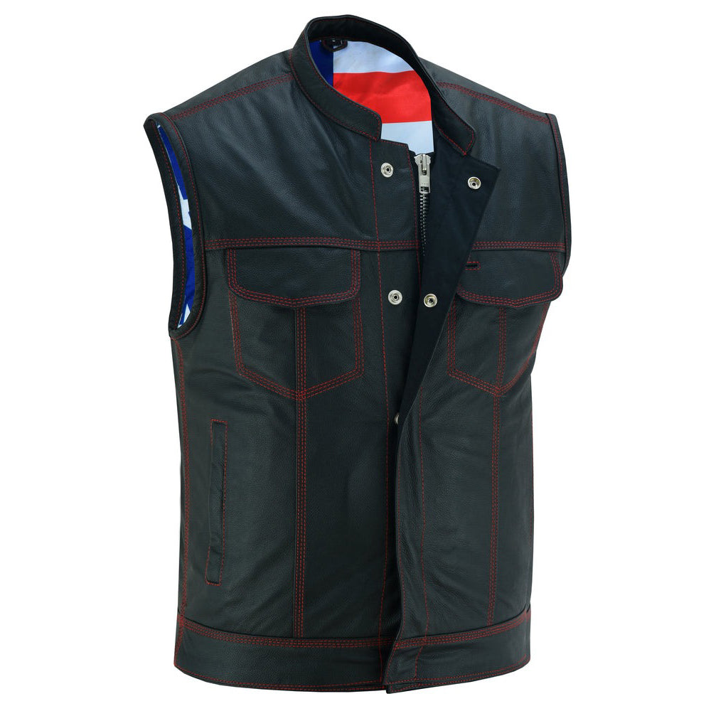 ADA165 Men's LEATHER VEST WITH RED STITCHING AND USA INSIDE FLAG LINING