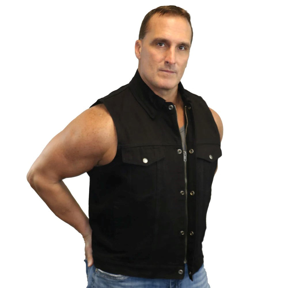 ADA979BK Snap/Zipper Front Denim Vest- Black