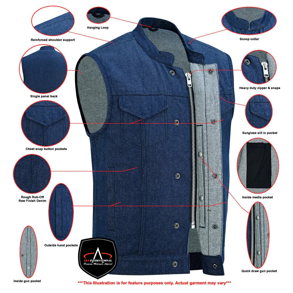 ADA976 Men's Blue Rough Rub-Off Raw Finish Denim Vest