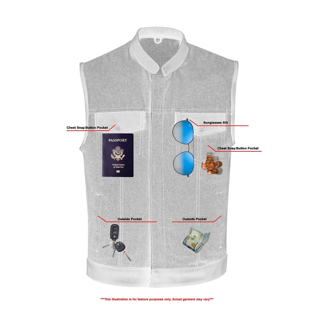 ADA961 Men's Broken Blue Rough Rub-Off Raw Finish Denim Vest W/Leather