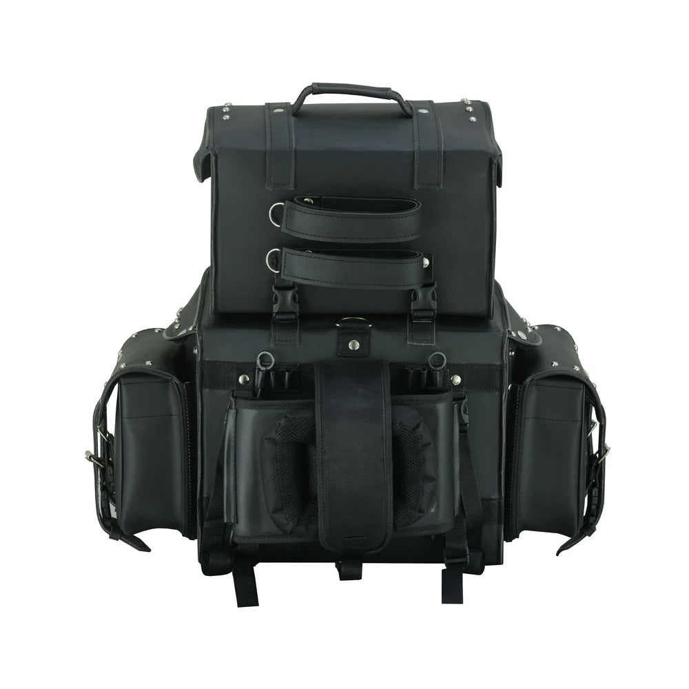 ADA350S Leather Black PVC Large 4 Piece Motorcycle Touring Tail Bag wi