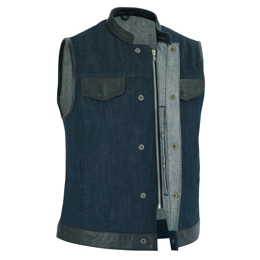 ADA964 Women's Broken Blue Rough Rub-Off Raw Finish Denim Vest W/Leather Trim