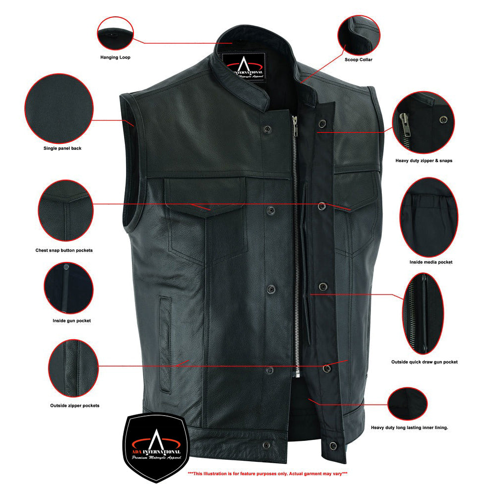 ADA9192 Urban Edge Motorcycle Leather Vest - Snap Closure, Scoop Collar & Hidden Zipper