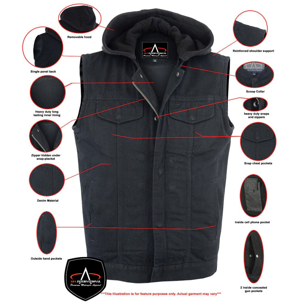 ADA982 Men's Black Denim Single Back Panel Concealment Vest w/Rem