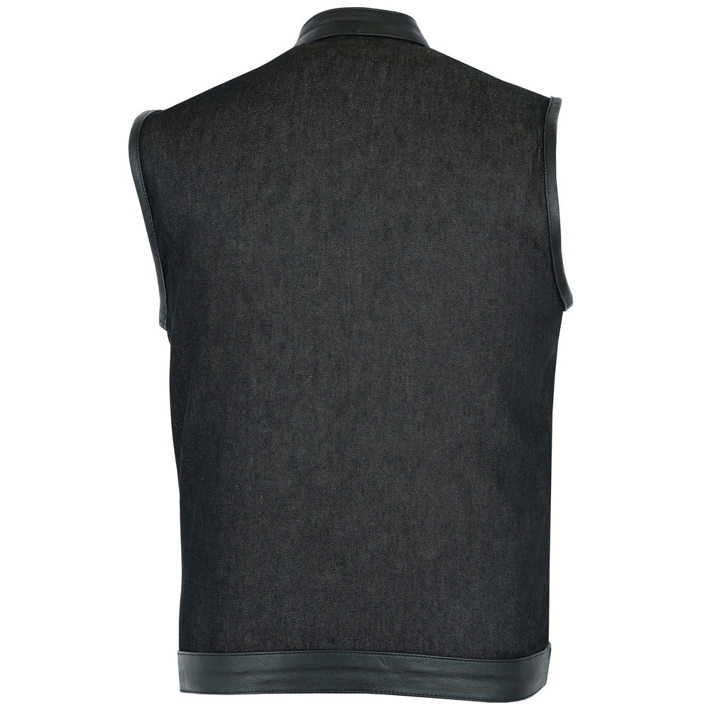 ADA962 Men's Rough Rub-Off Raw Finish Denim Vest W/Leather Trim - Scoop Collar