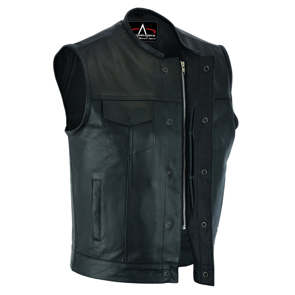 ADA9193 Nomad Motorcycle Leather Vest - Snap Closure, No Collar & Hidden Zipper