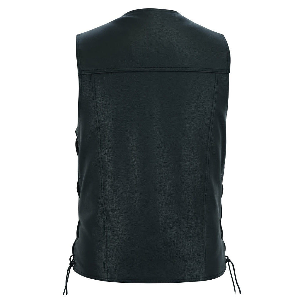 ADA124 Men's Black Leather Vest with Side Laces and Smart Access Pocket