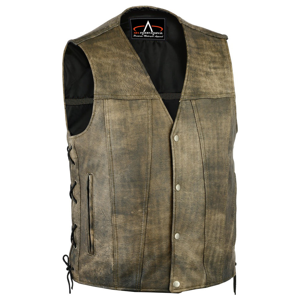 ADA107 Heritage Antique Brown Men's Motorcycle Leather Vest - Single Back Panel