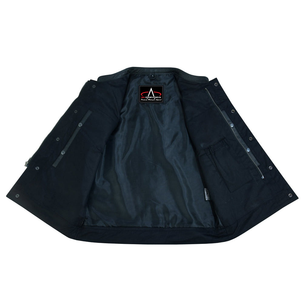 ADA189A Frontier Motorcycle Leather Vest - Snap Closure, Milled Cowhide, Scoop Collar & Hidden Zipper with Smart Access Pockets