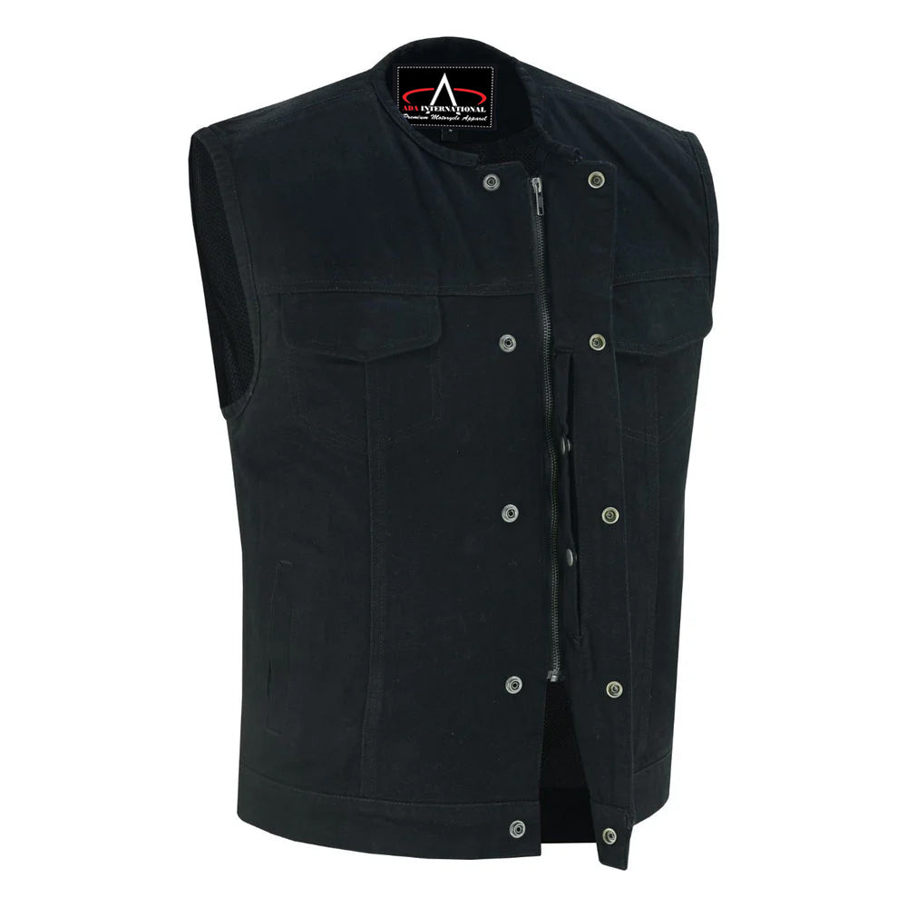 ADA981BK Rugged Men's Denim Vest - Concealed Snap with Hidden Zipper