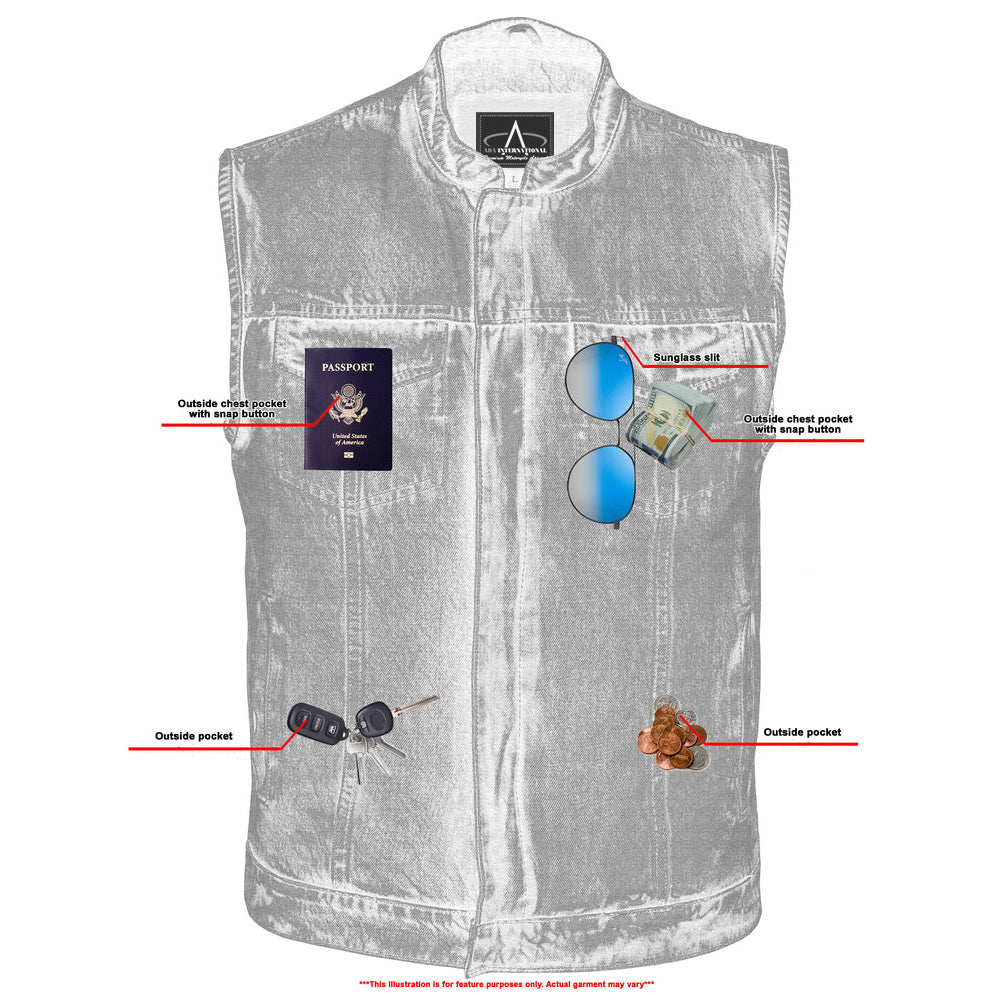 ADA989BU Concealed Snap Closure, Denim Material, Scoop Collar & Hidden
