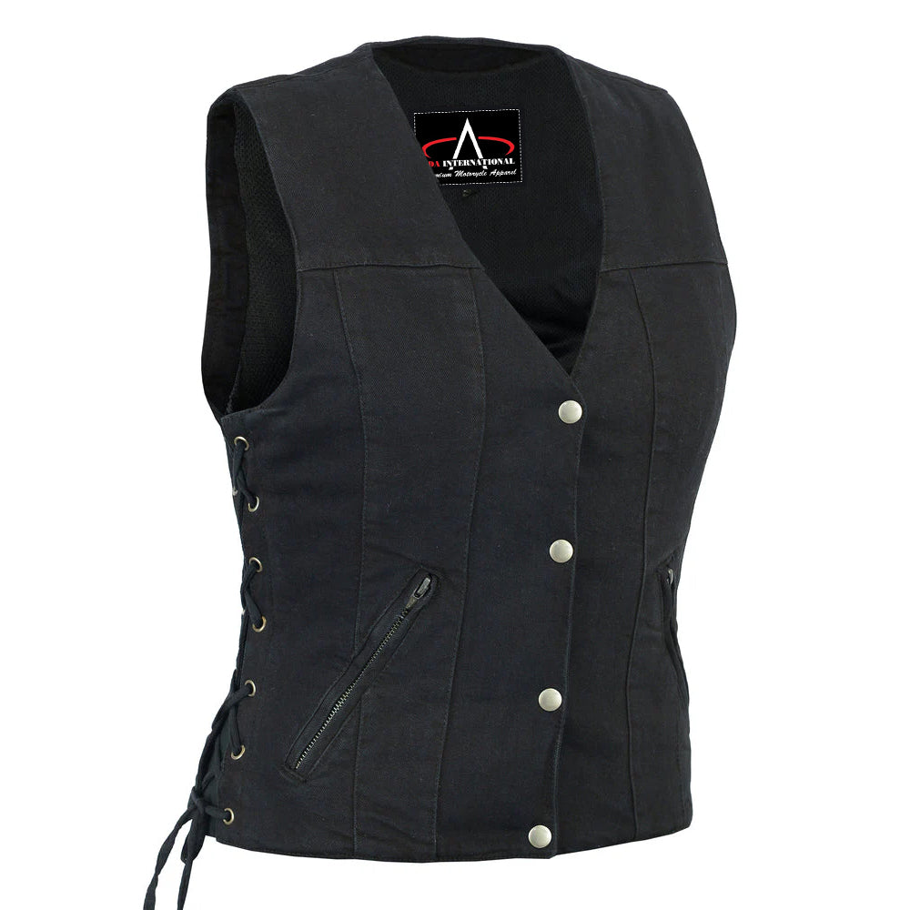 ADA906BK Women's Single Back Panel Smart Access Pockets Denim Vest