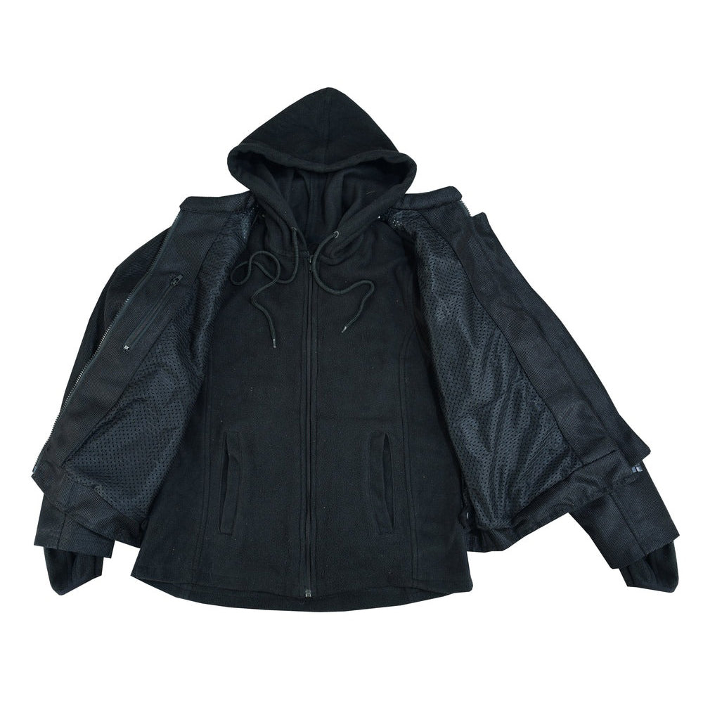 ADA867 Women's Mesh Motorcycle Black/ Black Tone Reflective Jacket 3-in-1 with Hoodie