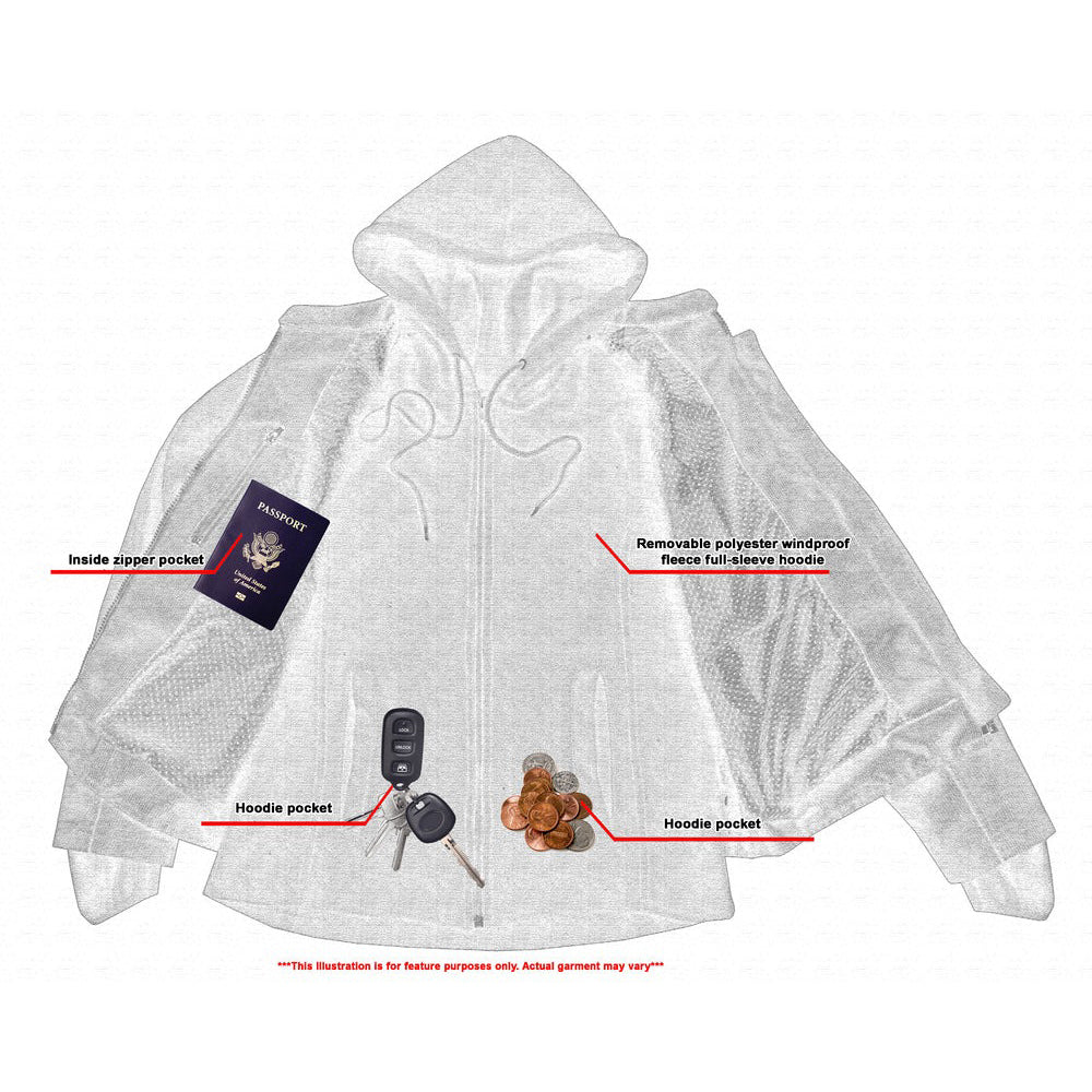 ADA867 Women's Mesh Motorcycle Black/ Black Tone Reflective Jacket 3-in-1 with Hoodie