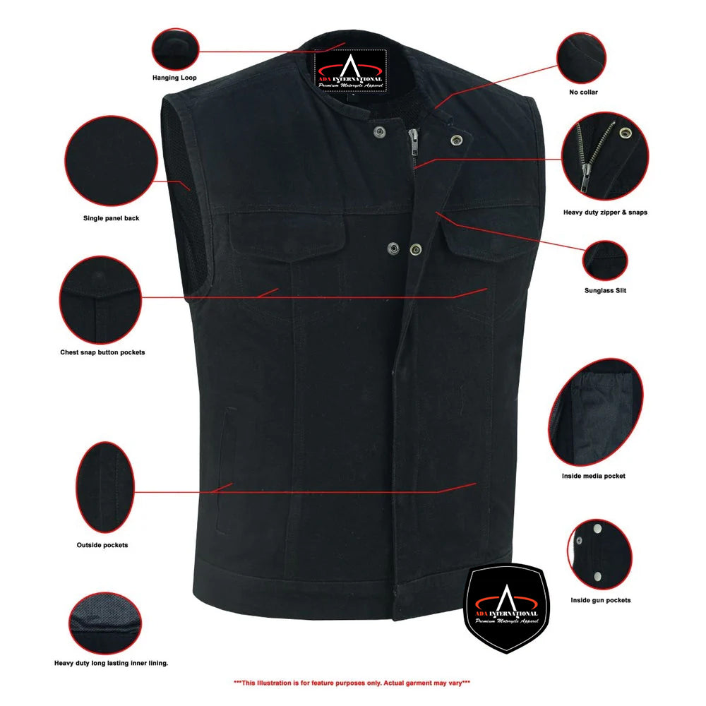 ADA981BK Rugged Men's Denim Vest - Concealed Snap with Hidden Zipper